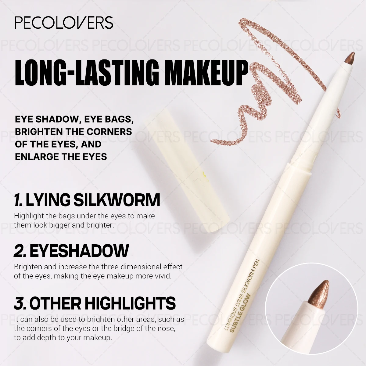 1 pezzo illumina la penna del baco da seta sdraiata, può anche essere utilizzata per ombretti vari evidenziati, look per il trucco con acqua lucida