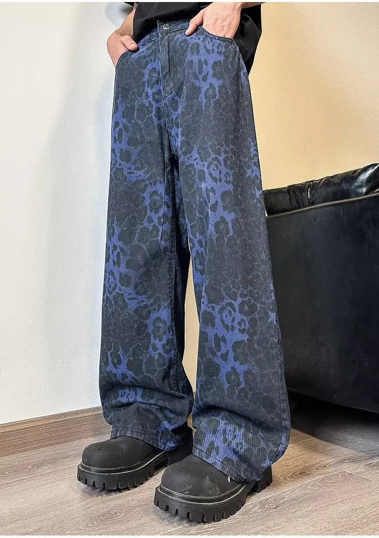 Loose Wide Leg Leopard Graphic Jeans Male Classic American Vintage Denim Pants Youth Popular Daily Streetwear Denim Trousers