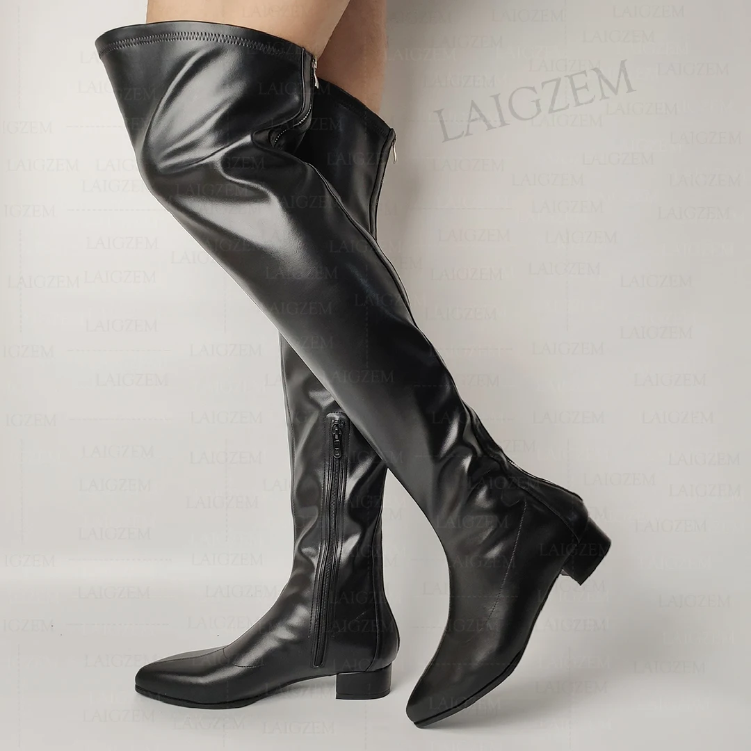 

ZHIMA Full Zipper Women Over Knee Boots Pointed Toe Low Heels Faux Leather Tall Boots Cosplay Ladies Shoes Woman Big Size 47