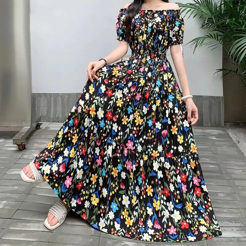 مثير مائل الرقبة فستان طويل المرأة الصيف الملابس الهندية البوهيمي القطن طباعة الأزهار بوهو الكورية الاسلوب المناسب تنورة كبيرة غير رسمية