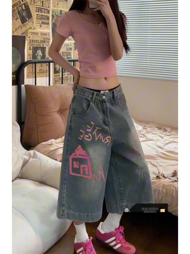 

Джинсы с высокой талией и граффити-дизайном, свободного кроя, женские, летние, новый стиль, уличная мода, брюки-капри, модные шорты