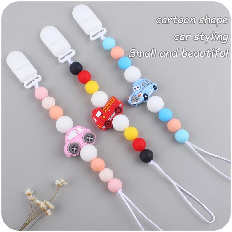 Baby Silicone Beads Pacifier Clip with Cartoon Car Fire Soother Chain Teething Chewable Teether Toy Nipple Clamp