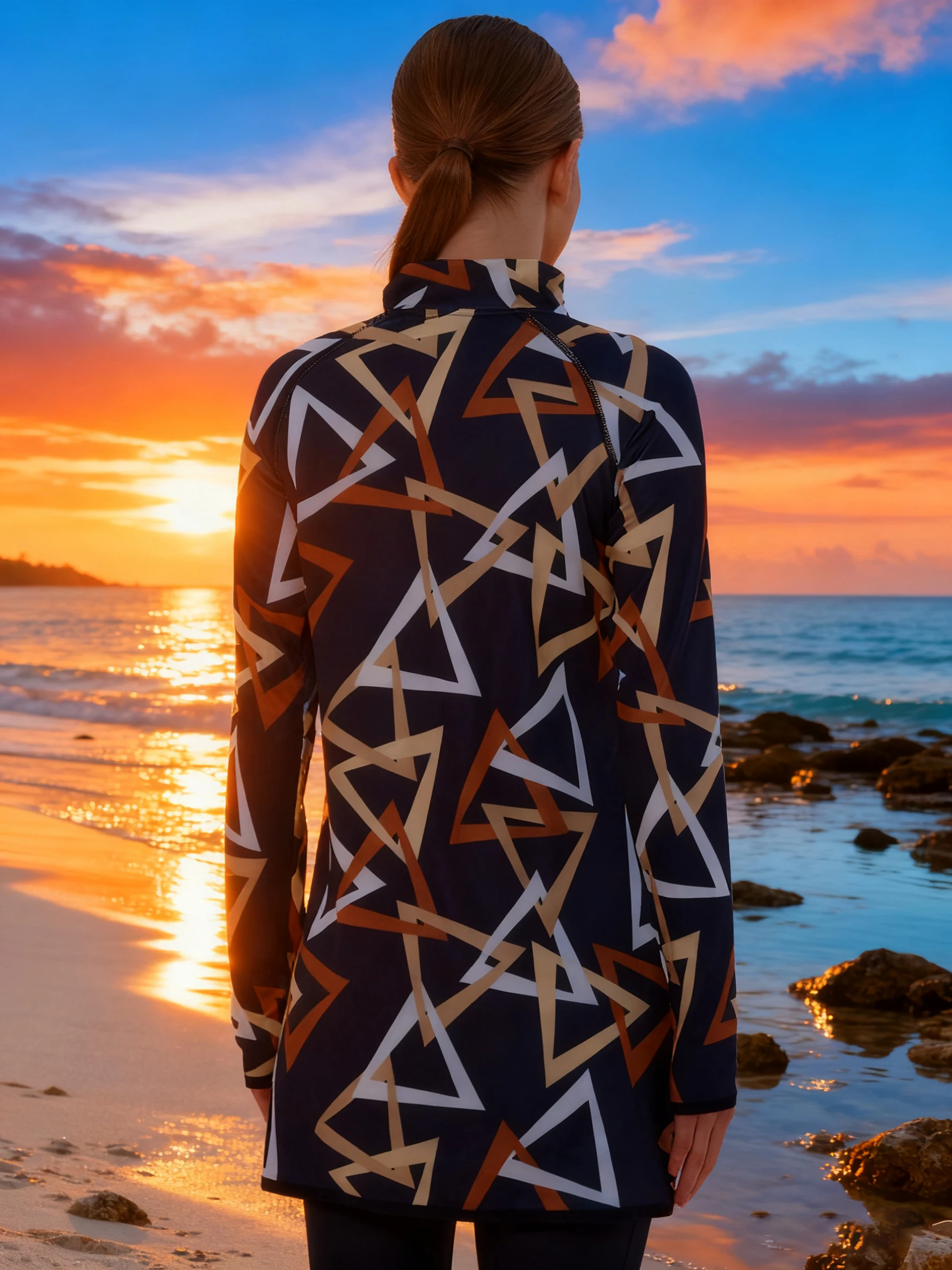 2 pièces/ensemble Burkini Femme Musulmane coupe ajustée impression vêtements de sport Protection UPF50-UV (haut + pantalon)