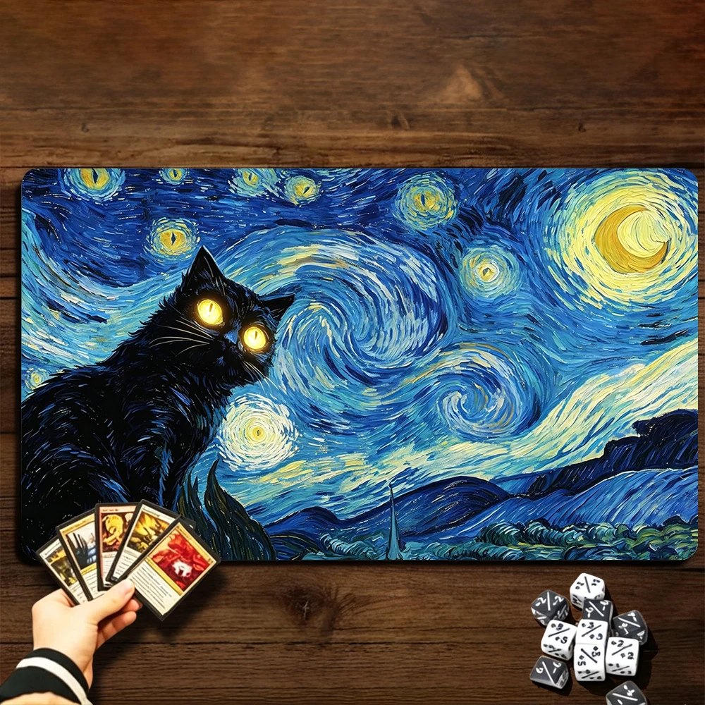 Starry Night and Black Cat TCG Playmat Magic Playmat Gathering Gaming Mat with Stitched Edge Anti-slip base Trading Card Game