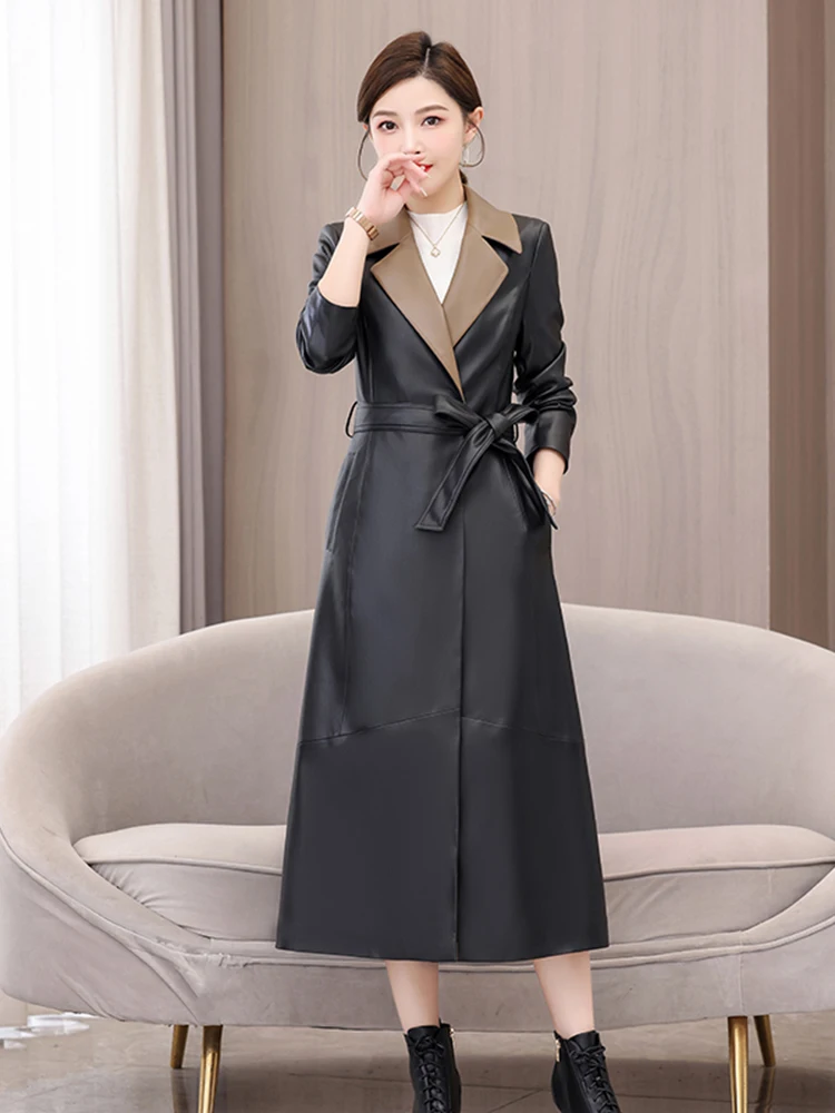 Haining 本革コート レディース ミドル丈 秋冬新作 Sle ベルト付き 韓国版 スリムフィット 高級感 eep...