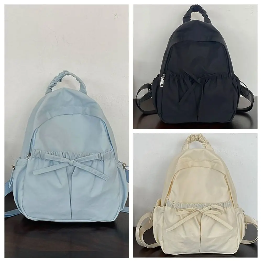 Mochila de nailon con lazo para mujer, bolso de mano de gran capacidad, bolso de hombro con arrugas, Color sólido, estilo coreano