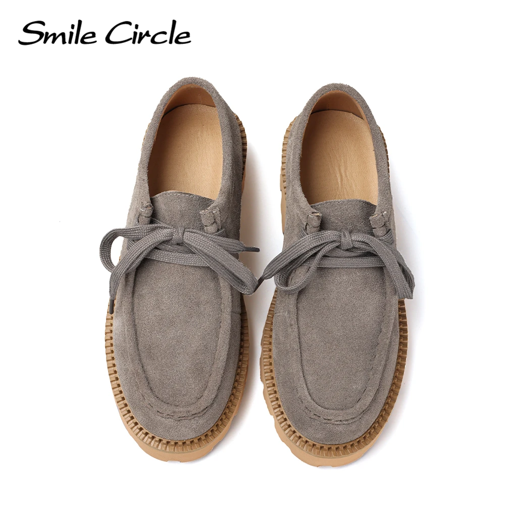 Smile Circle Suede Derby Shoes Women Lace-up Round Toe Flat Platform Shoes Fashion Casual Shoes Women\'s Loafers