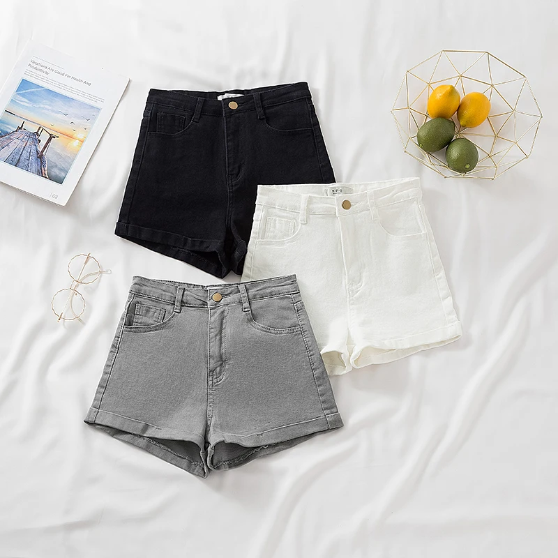 Slim Fit Grey Elastic Denim Shorts Women's Casual Thin High Waist Summer New Style Korean Version Cotton Stretch Jeans