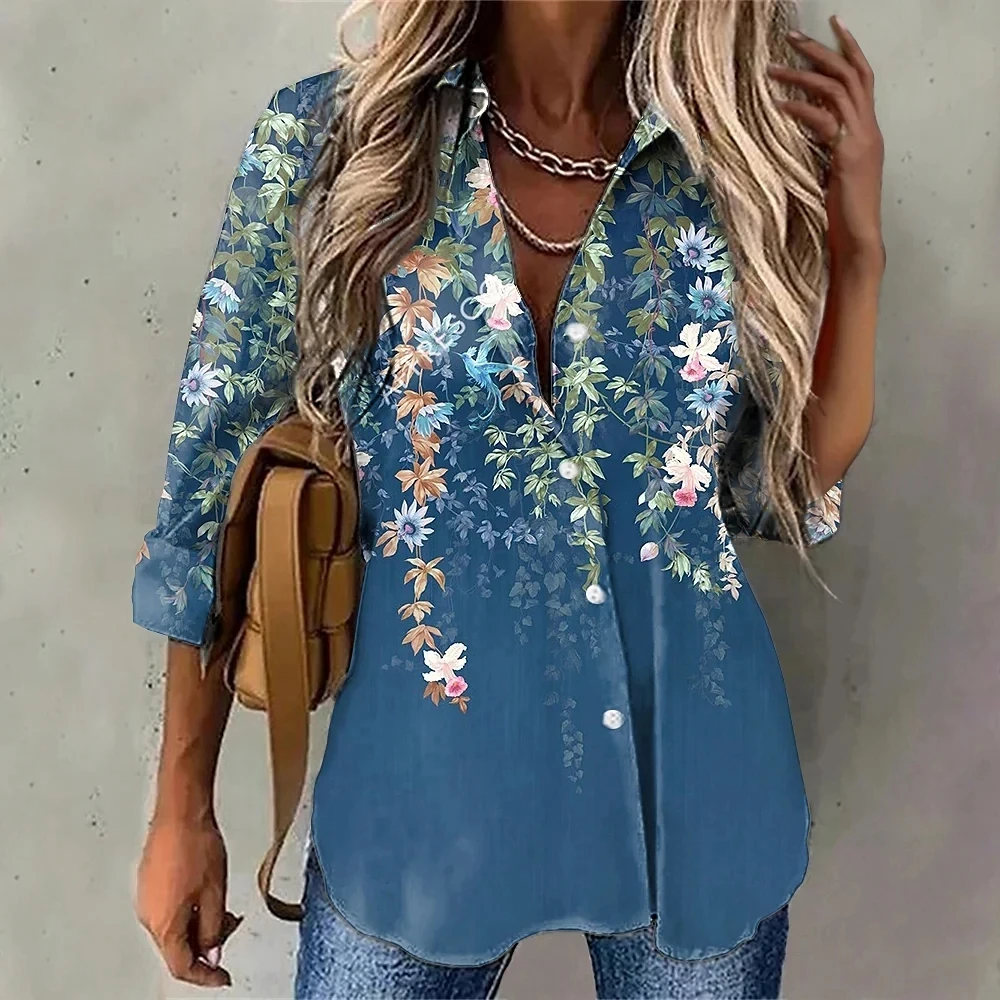 Elegant Women\'s Shirts & Blouses Blue Purplegreen Flower Flower Print Button Long Sleeve Casual Shirt Fit Summer Female Clothing