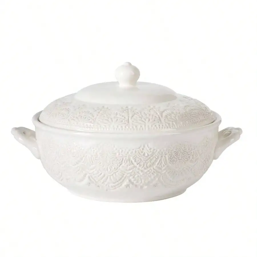 

Vintage Lace Stoneware Tureen with Linen Design for Elegant Dining Room DecorVintage Lace Stoneware Tureen with Linen Design