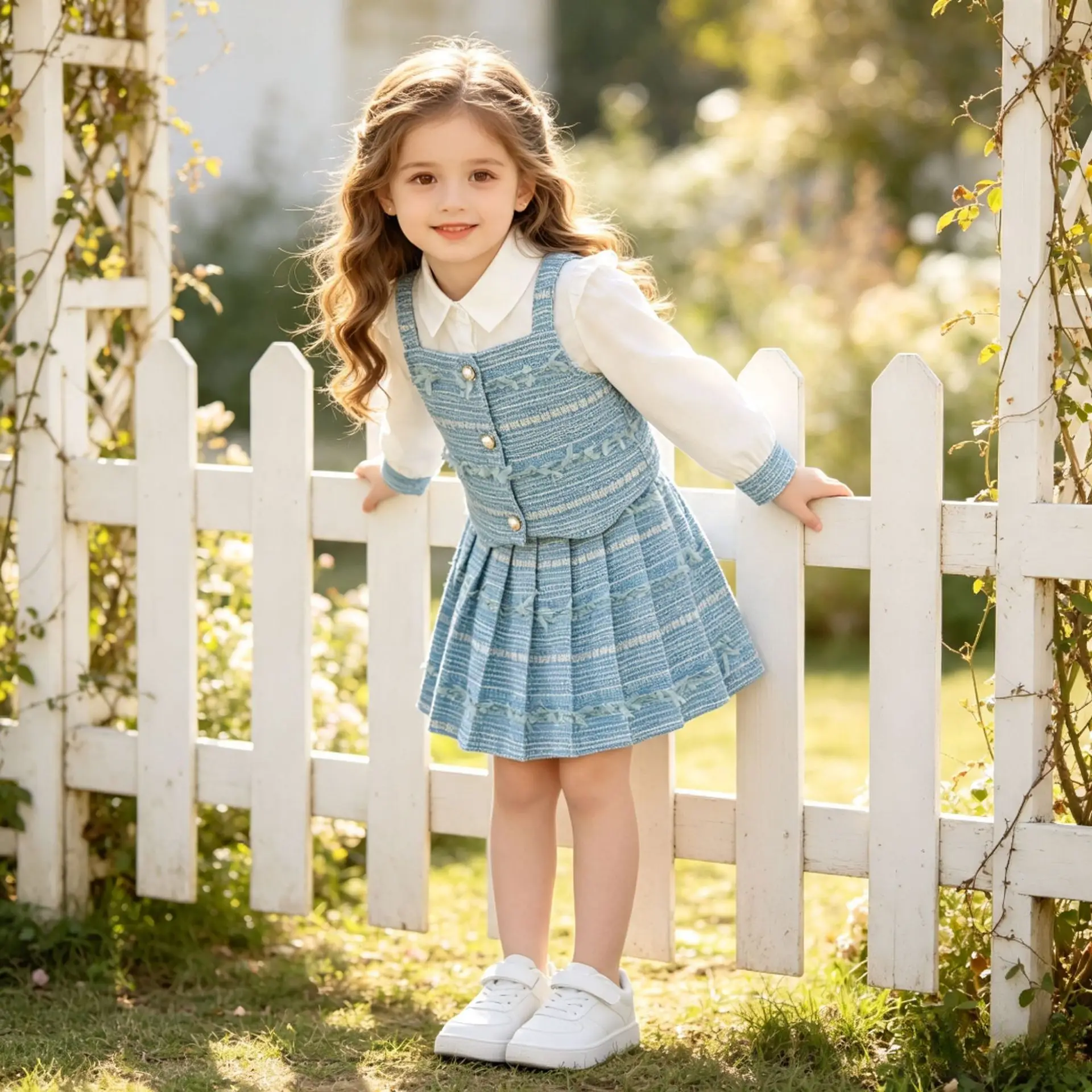 Toddler Girls 3 Piece Outfit Spring Autumn Kids Long Sleeve Shirt Woven Vest Pleated Skirt Set Children Fashion Clothing Suit