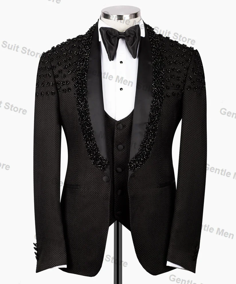 Luxury Black Men Suits Set 3 Piece Blazer+Vest+Pant Prom Groom Wedding Tuxedo Coat Tailored Made Formal Business Office Jacket