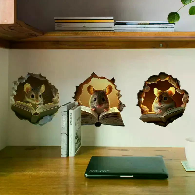 3Pcs Cute Mouse Hole Wall Sticker Living Room Home Decor Bedroom Wallpaper Removable Funny