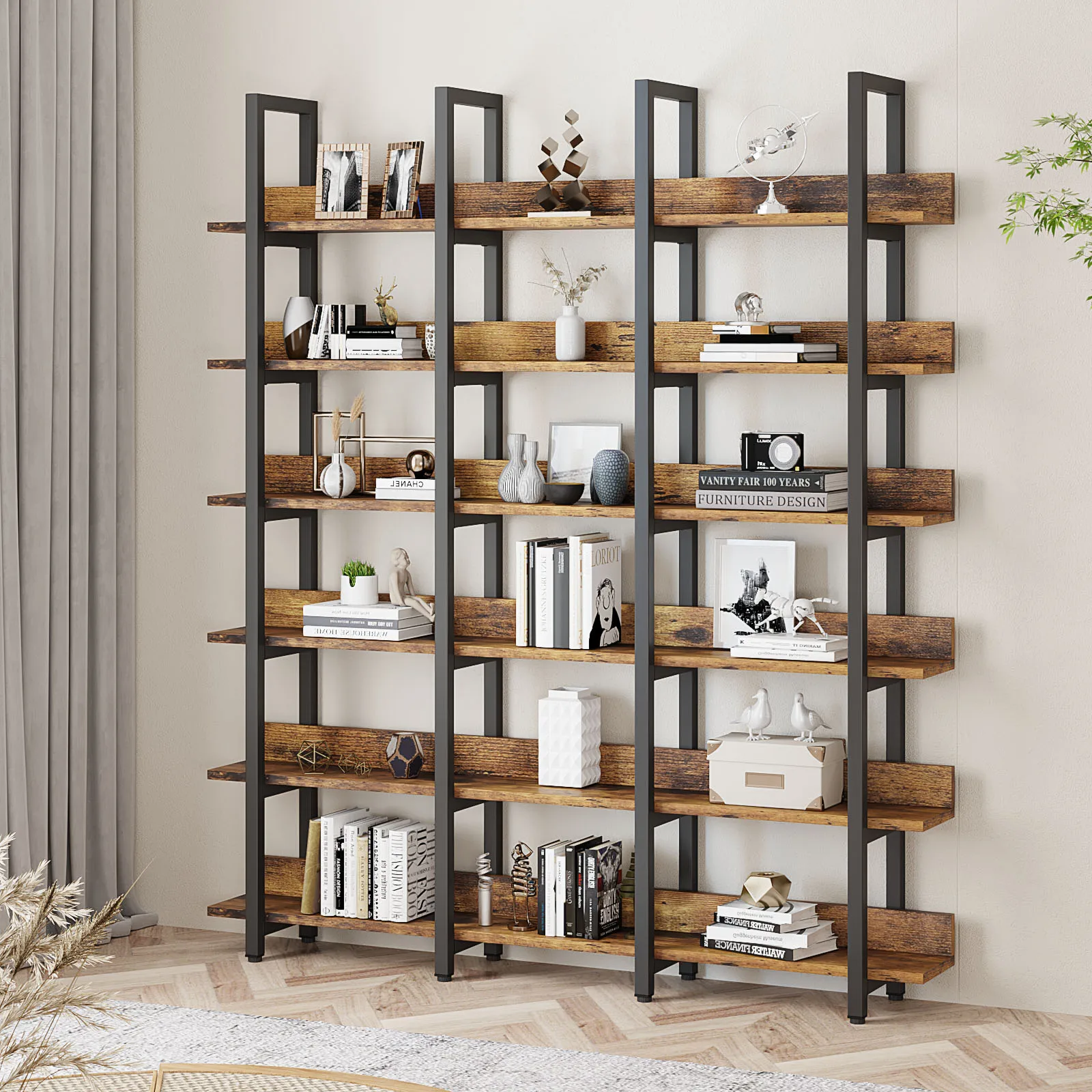 Bookcase and Bookshelves Triple Wide 6 Tiers Large Open Shelves, Vintage Bookcase for Office Home Decoration, Easy to Assemble