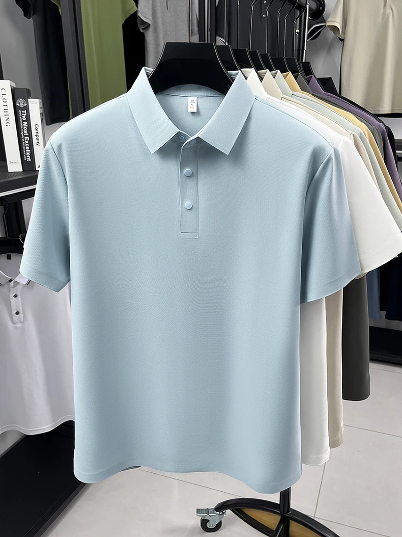 Hochwertiges Eisseide-Kurzarm-Poloshirt für Herren, klassisches einfarbiges, atmungsaktives Business-Casual-T-Shirt, neues Luxus-Oberteil für den Sommer. – Detail 14