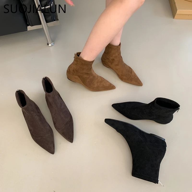 

SUOJIALUN 2025 New Brand Women Ankle Boots Fashion Pointed Toe Ladies Slides Zipper Ladies Elegant Short Boots Low Wedge Heel Sh