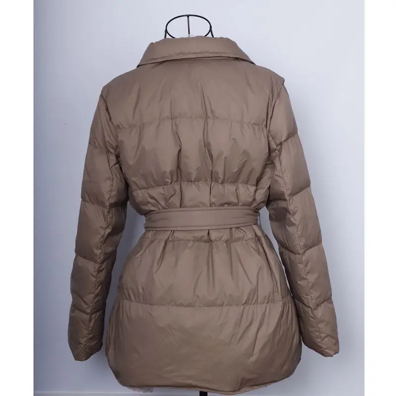 European Winter White Duck Down for Women Outerwear Fashion Standing Neck Tie Up Work Clothes Warm Windproof Coat Women Parkas