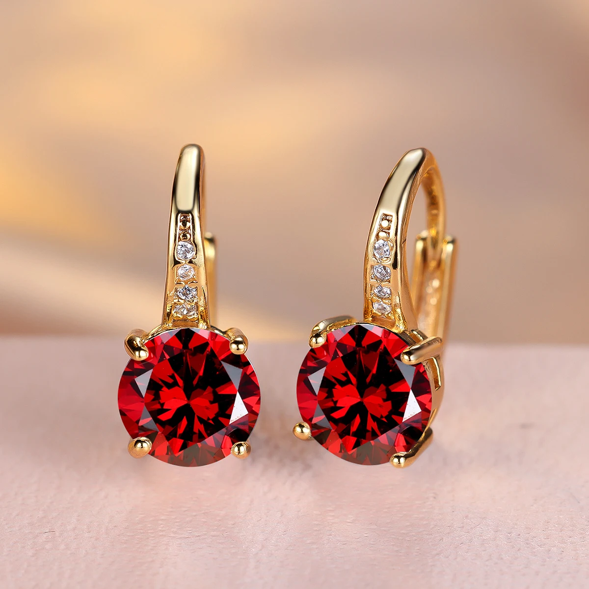 Luxury Female Small Red Round Stone Earrings Fashion Gold Color Wedding Jewelry For Women