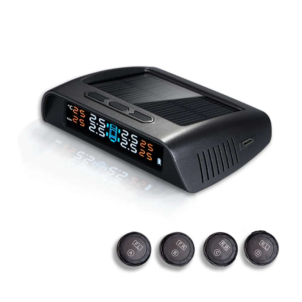 

Car TPMS Tire Pressure Monitoring System Solar Charging HD Digital LCD Display Auto Alarms Wireless External Sensors TPMS