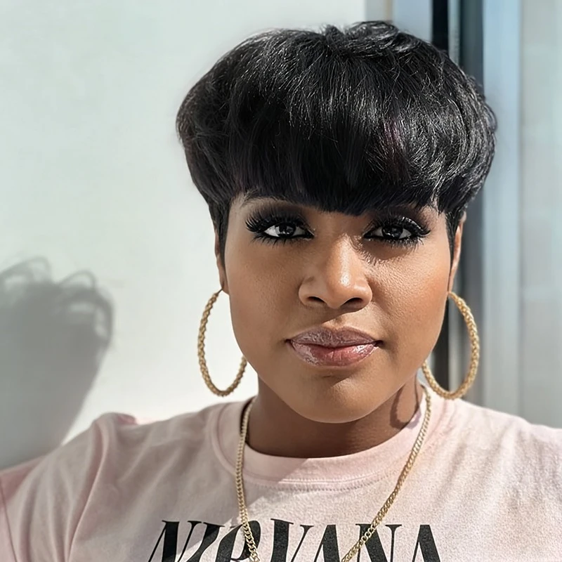 

4 # /99J # Цветной парик из натуральных волос 1B, прямой, в стиле пикси, для женщин, полностью машинной работы, короткий, многослойный, прямой, с челкой