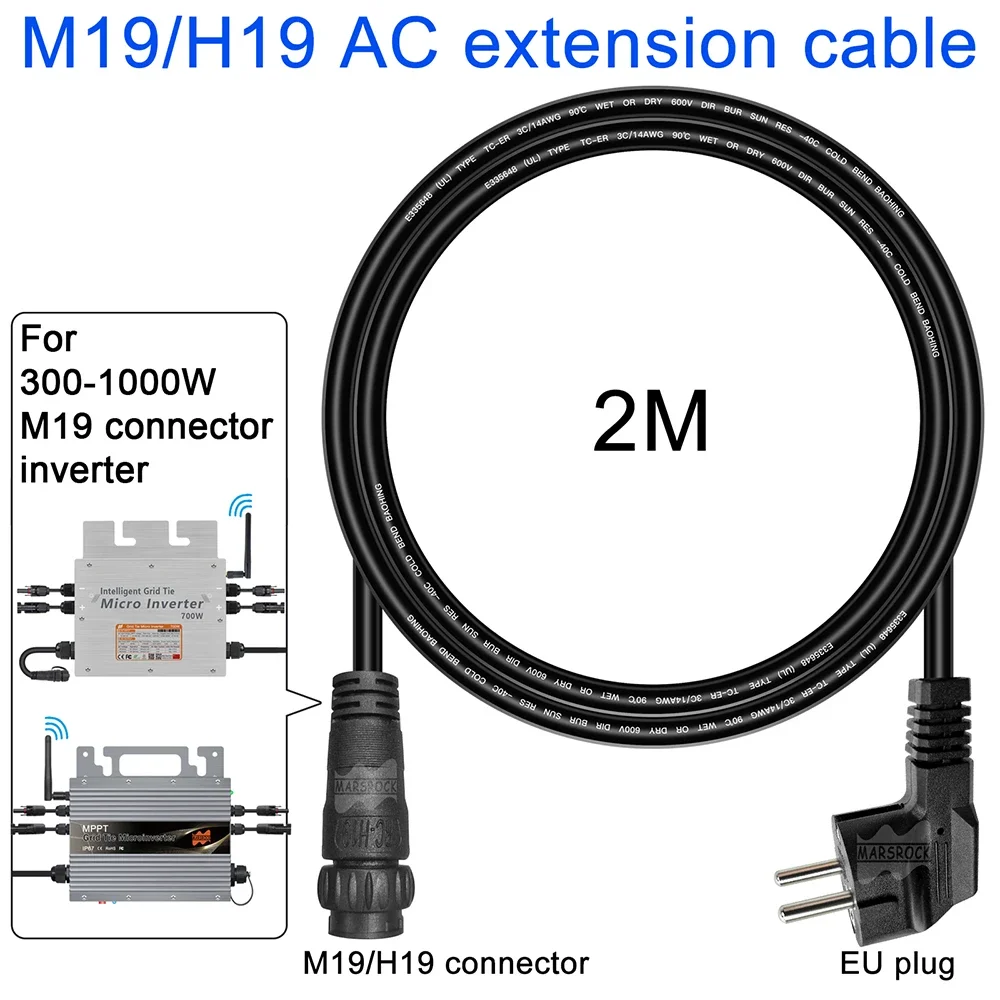 

2M AC Power Extension Cord 220V EU, M19/H19 With 3 Core Connector And EU Plug, For 600W-800W Solar Micro Inverter