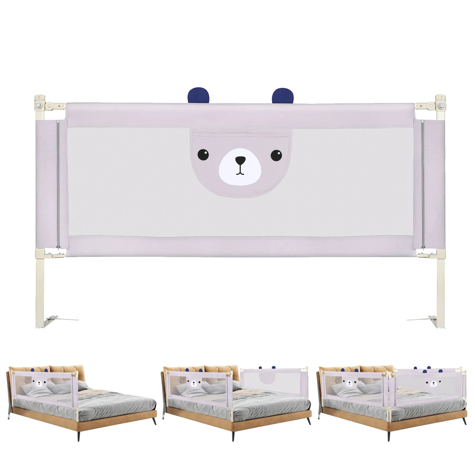 Barrière de Lit Bébé, Réglable 30 Niveaux, Cadre Métallique Anti-Chute, Tissu Respirant Gris Clair a