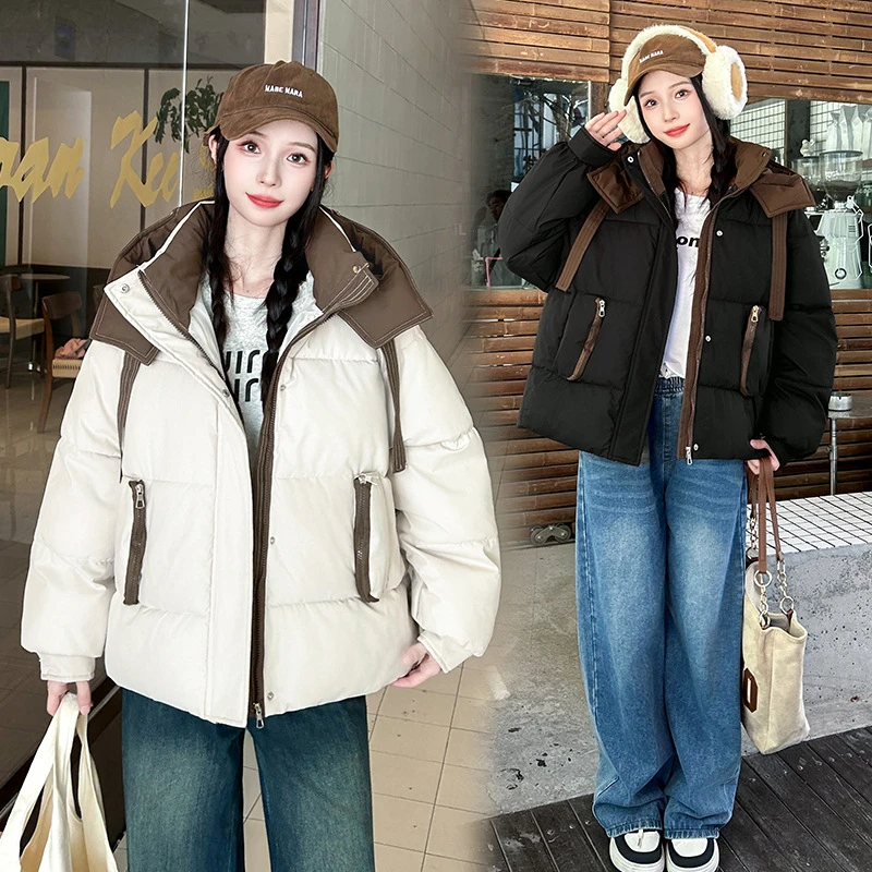 Short Cotton Jackets Woman Loose Winter Parka Coats 2025 New Patchwork Hooded Casual All-match Thick Warm Bread Clothes Trend