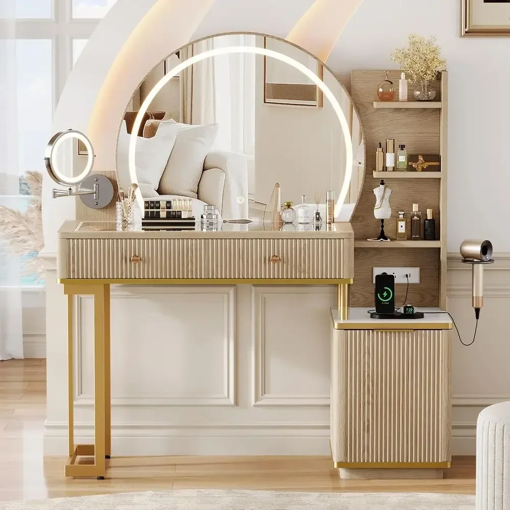 Round Mirror Vanity Desk with Glass Top, 5x Magnifying Mirror, Power Outlets, Shelves & Adjustable Storage, Natural