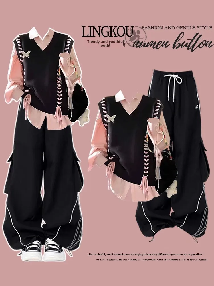 

Ele Вязаный жилет в розовую полоску, широкие спортивные брюки, комплект футболок, женская весенняя коллекция Faion Long Sve Po...