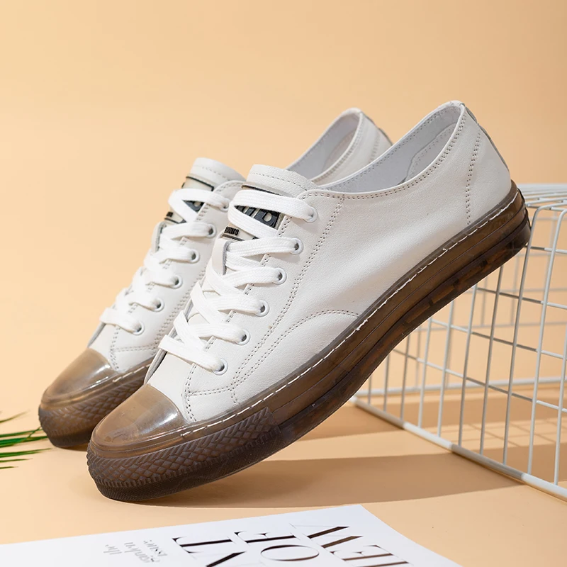 

New genuine leather white shoes for young people, versatile and trendy, transparent sole casual single shoes 90741