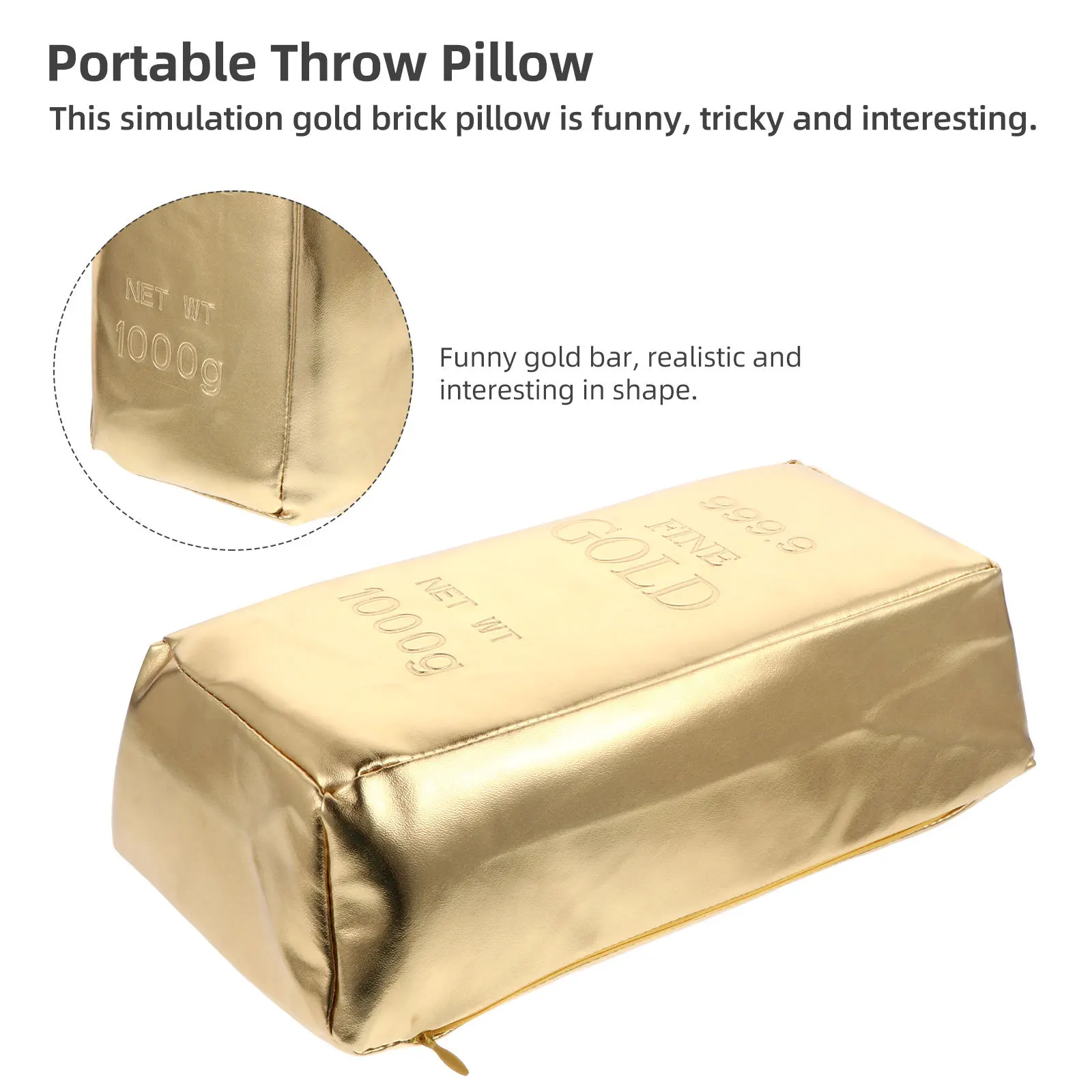 

1Pcs Pillow Funny Simulation Gold Brick Practical PU Waterproof Pillow for Car Sofa Office Home Decor Storage Bag