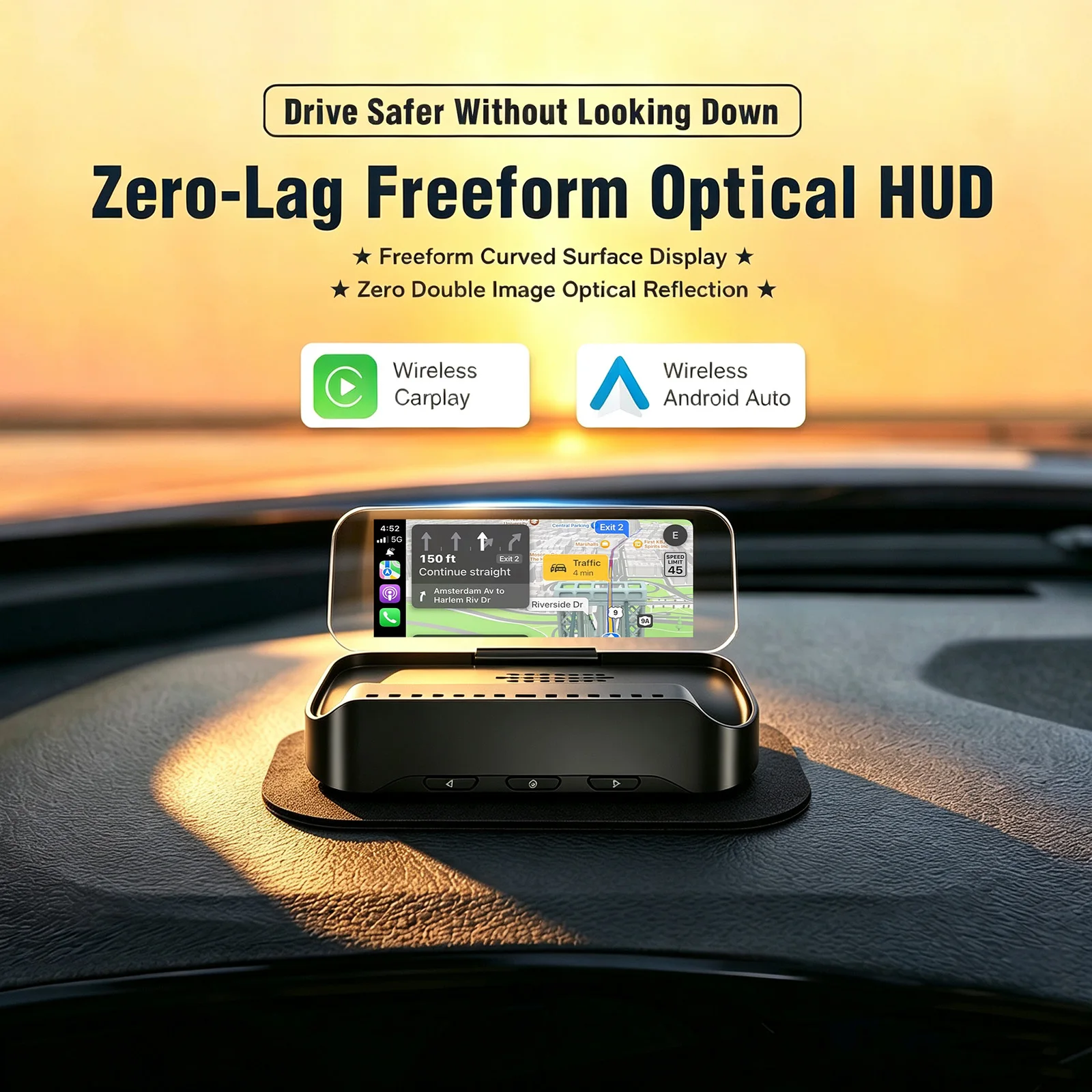 HUD Car GPS V3 Ultra HD Head-Up Display, Wireless CarPlay & Android Auto, O-BD Display Vehicle Speed and Navigation Information