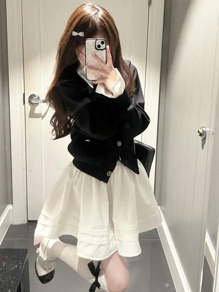 Unique Miu Series Short Sleeve Cardigan And Dress Set Beautiful Color Collision Fashionable Women's Two-Piece Suit Autumn Spring