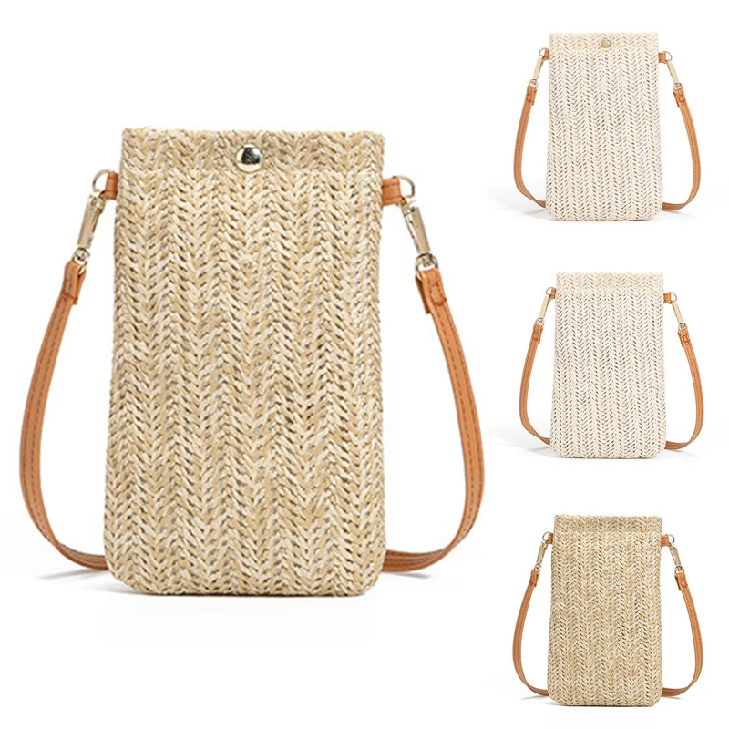 

Ladies Handmade Rushwork Shoulder Crossbody Messenger Bags Straw Woven Small Phone Bag Weaving Summer Beach Female Small Purse