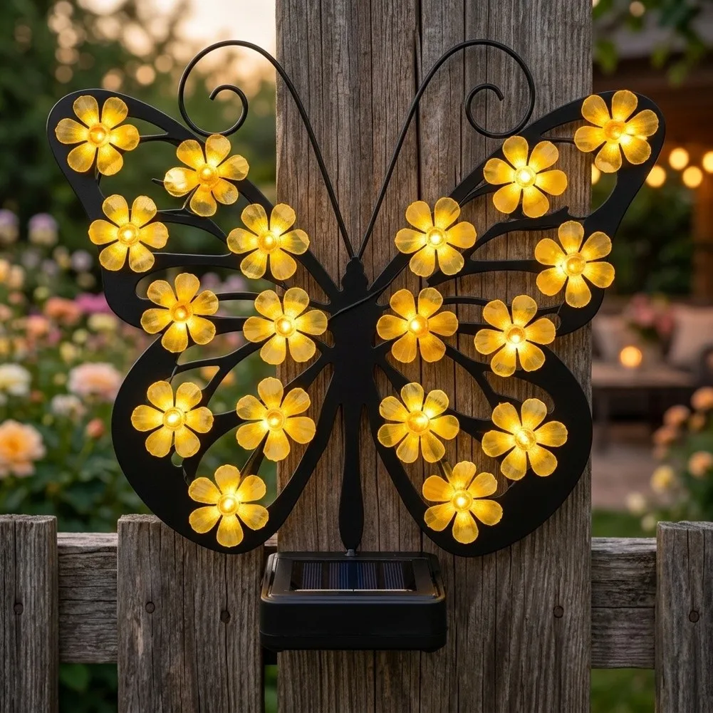 Solar=Butterfly Wall Decor Light Outdoor Metal Winged Lamp With Floral Accents Warm Glow For Garden Fence Patio Yard Ornament