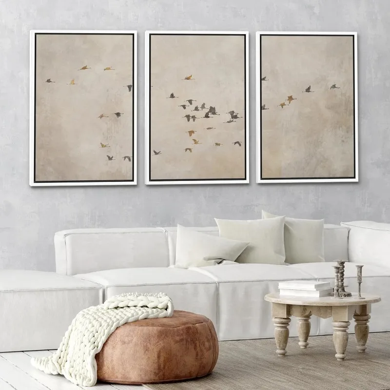 Flying Birds Wall Art Frameless Minimalist Canvas Set of 3, Beige Abstract Silhouette Print, Zen Wall Decor for Living Room