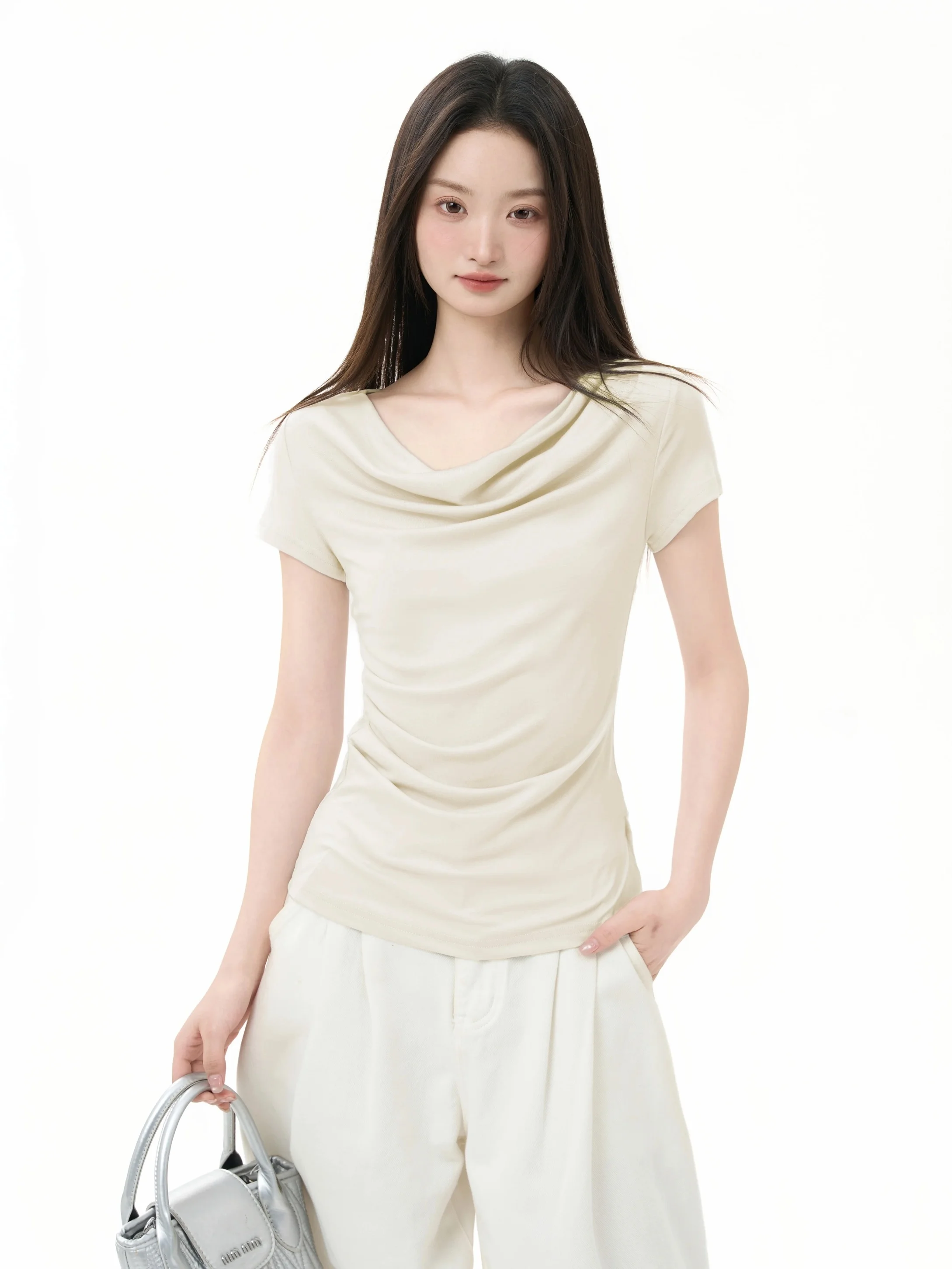Modale Shoulder Bared Short Sleeve T Shirt Women's Summer Design Sense Pleated Waist Control Slim Fit Top Korean Style Commute