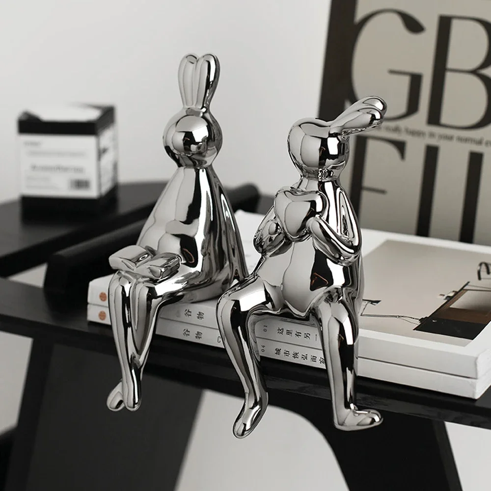 

A Pair Ceramic Sweethearts Rabbit Figurines, Home Wine Cabinet Entryway Office animal Figurines, Housewarming Decorations,