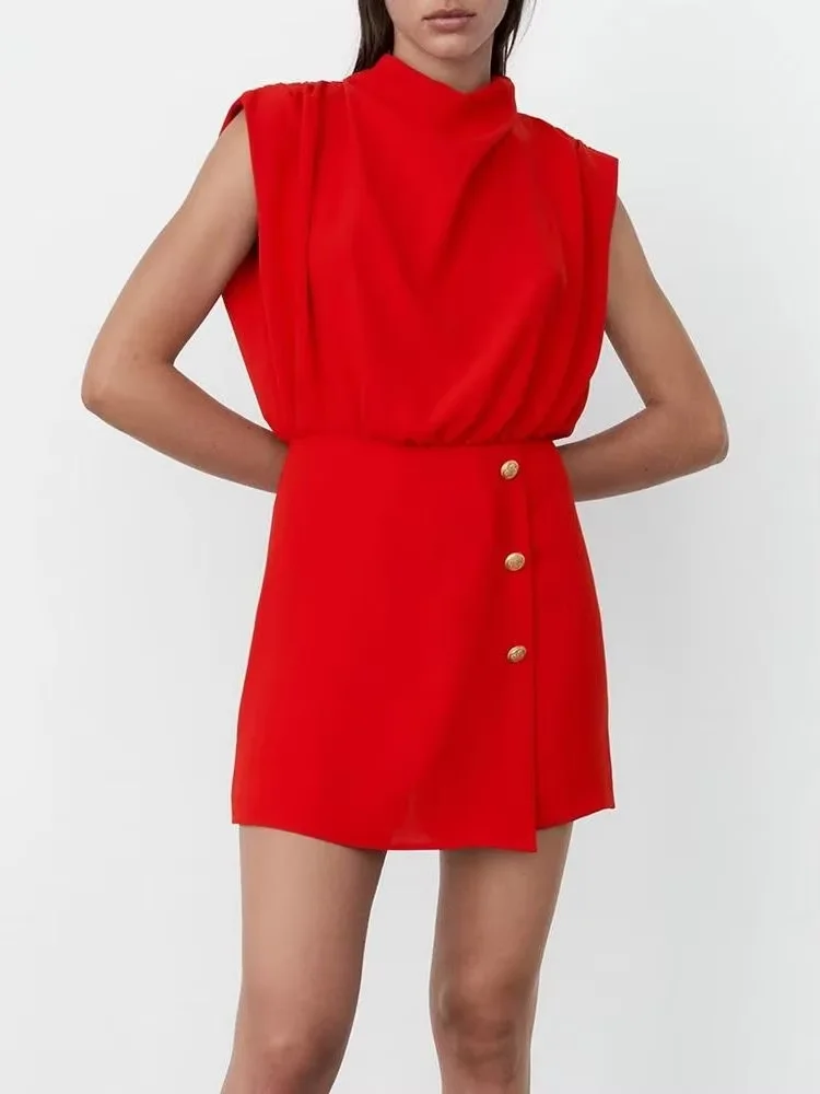 

Elegant high necked solid color sleeveless jumpsuit shorts women's red jumpsuit