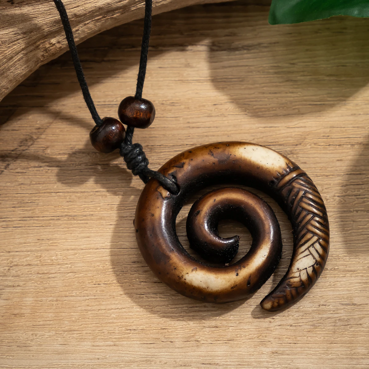 KunJoe Ethnic Metal Spiral Pendant Necklace for Men Retro Wood Beads Wax Thread Adjustable Long Rope Necklace Party Gift