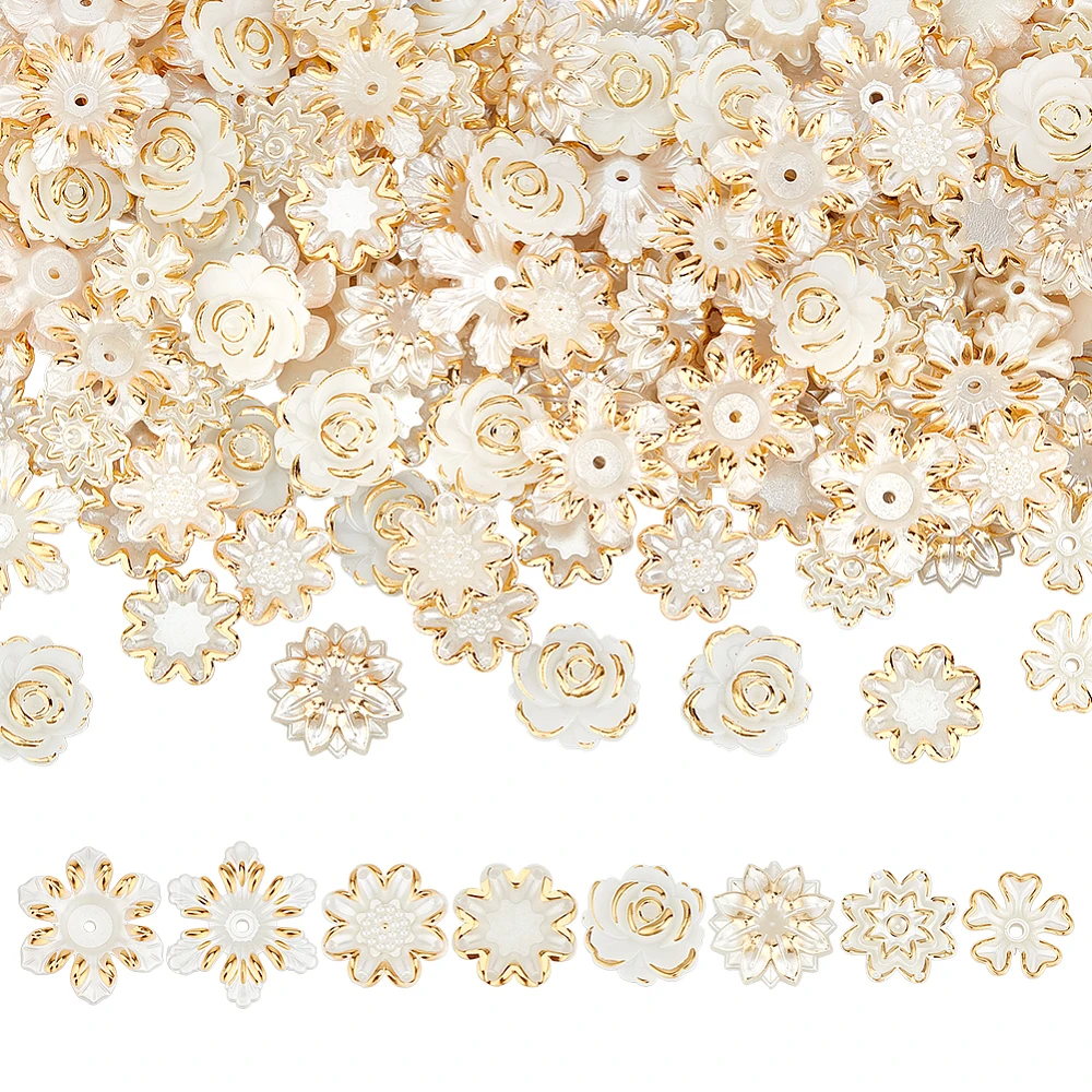 160Pcs 8 Styles Acrylic Flower Bead Caps Spacer Beads for Jewelry Making White Flower Beads with Golden Edge Bead End Caps