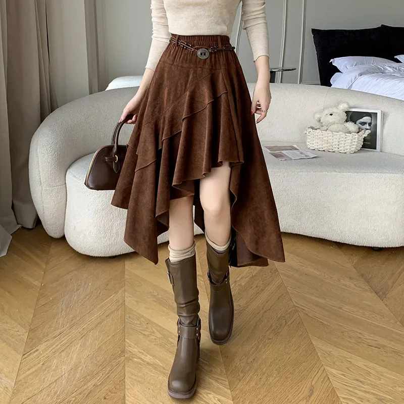 

Bohemian Style Asymmetrical Mid-Length A- Line Skirt Autumn Winter Polka Dot Polyester Skirts Women's Fashion Skirts