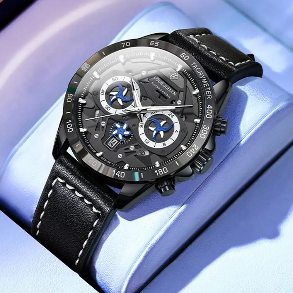 LOUIE JUELEN ساعات رياضية رجالية مقاوم للماء ريال ثلاثة عيون التقويم ساعة كوارتز متعددة الوظائف ساعة عادية Reloj Hombre