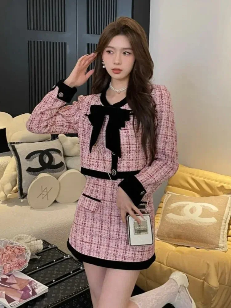 Autumn Winter Small Fragrance Tweed Two Piece Set Women Short Jacket Coat + Skirt Suits Korean 2 Piece Sets Women Outfit