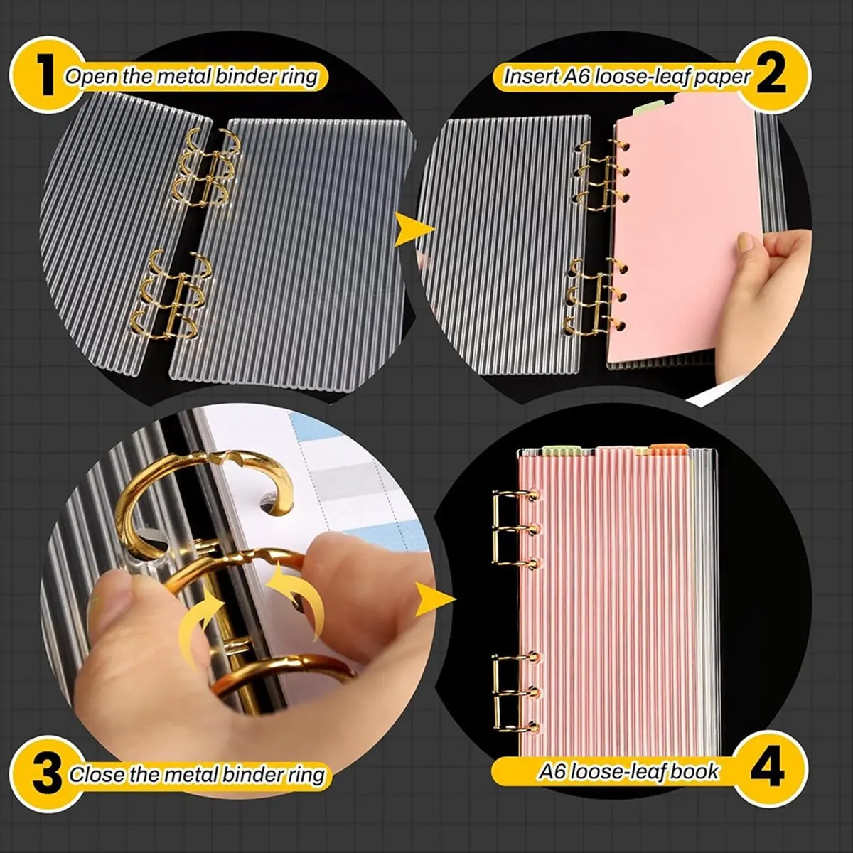 A6 Binder Clear Acrylic Binder 6-Ring Budget Binders Thick Stripe A6 Planner Binders with Gold Metal Round Ring