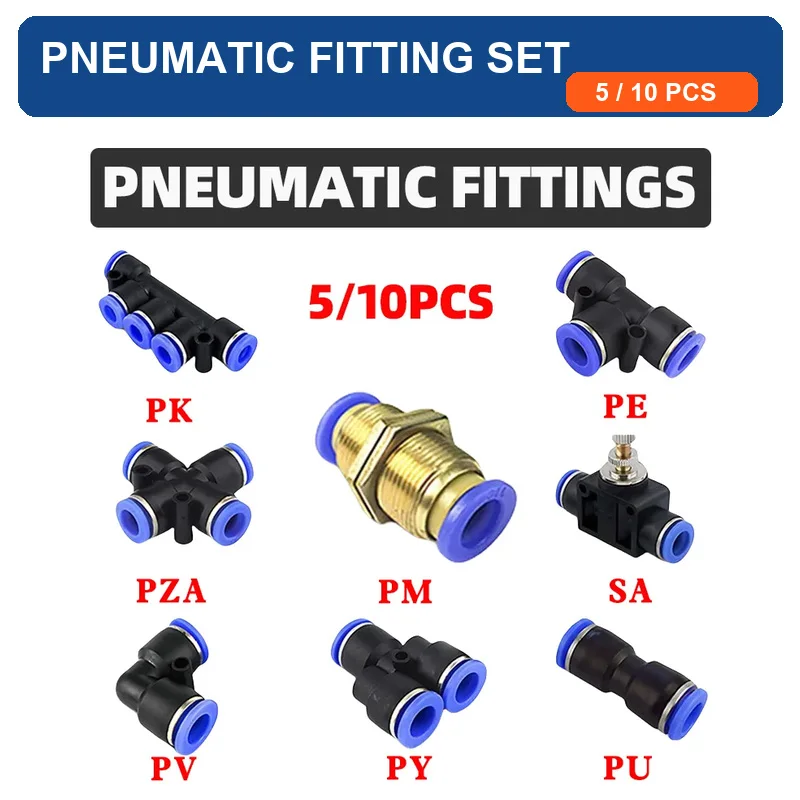 Pneumatic Push In Fittings PU PE PY PV PK PZA PM SA 4 6 8 10 12mm Air Hose Tube Connector Valve 5 10PCS Multi Type Air System