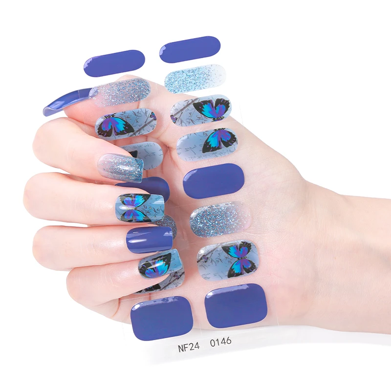 16 Tipsów Błyszczące Półutwardzone Żelowe Paski do Paznokci Świecące Motyle Trwałe Samoprzylepne Żelowe Naklejki na Paznokcie Pełne Pokrycie UV