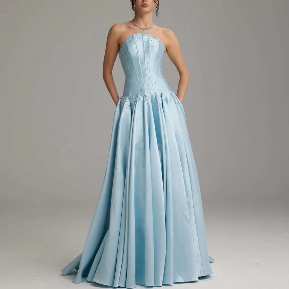 

Customized Strapless Corset Evening Dress Beaded Emebllished Sky Blue Dresses for Women Pleated Satin A Line Formal Gown