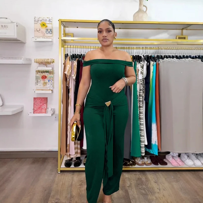 2026년 신상 아프리카 패션 여성 점프수트 솔리드 슬래시 넥 오프숄더 슬림 레이스업 점프수트