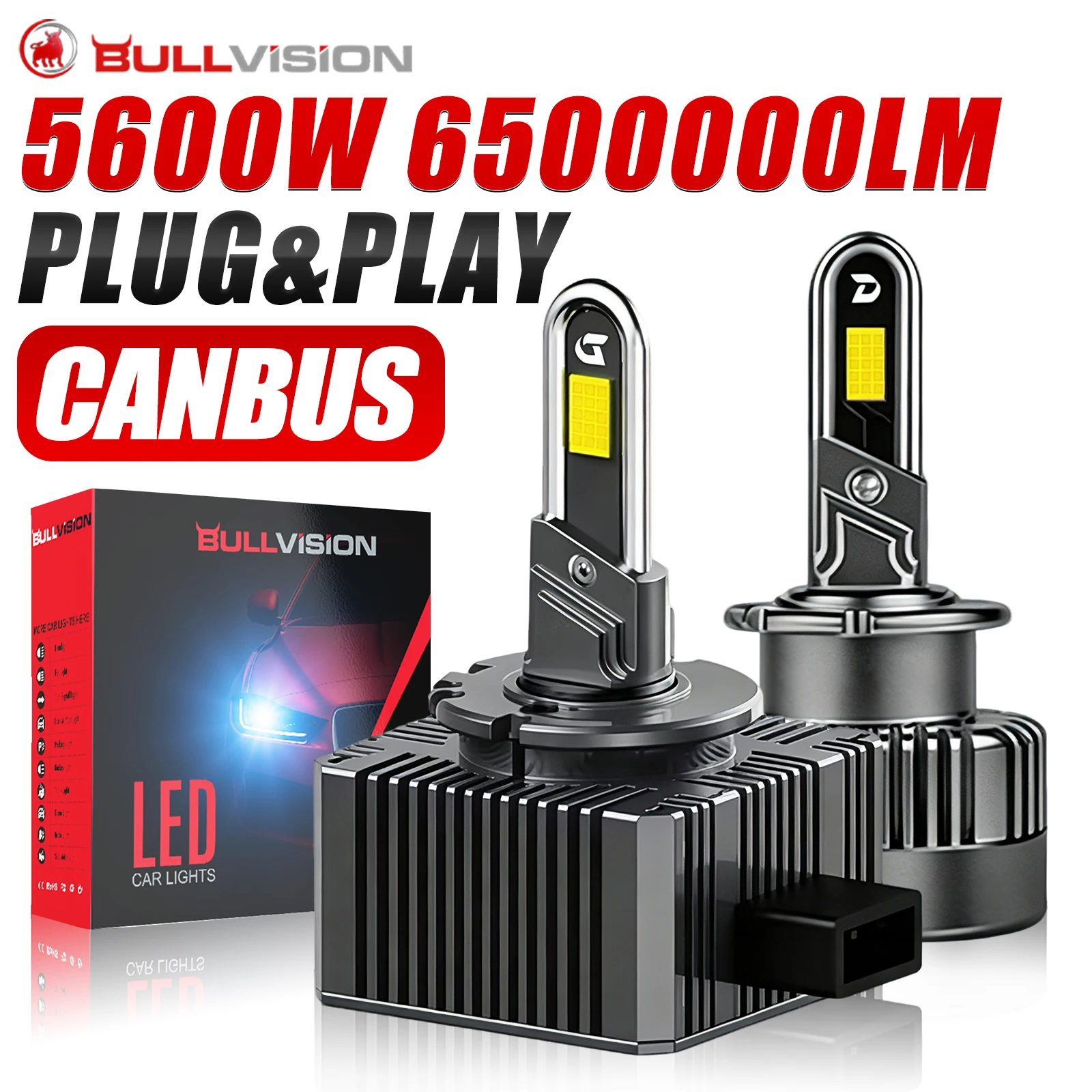 Bullvision D1S D3S LED Headlights 6500000Lm D3R D1R D8S Auto Bulbs Canbus Two-sided 5600W D1R D2R D3R D4R Car Lamp 1:1 Xenon HID